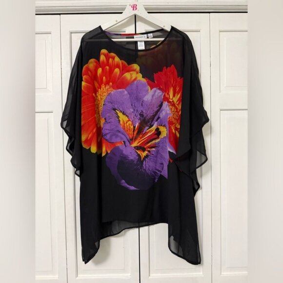 Susan Graver Boxy Black Red Floral Sheer Blouse 1X Date Night Dark Feminine - Picture 1 of 6